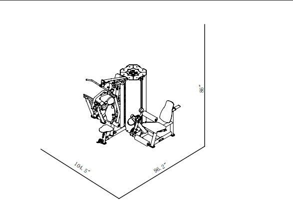 MTI4005 3 Station Multi-Gym (Chest/Back, Leg Extension, Leg Press) dimensions reference