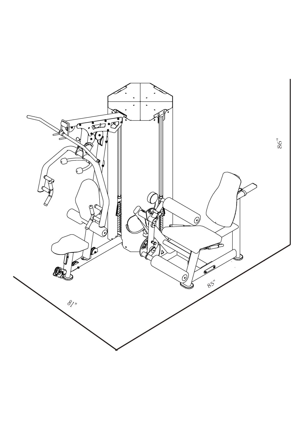 MTI4001A 2 Station Multi-Gym (Chest/Back, Leg Extension/Curl) dimensions reference